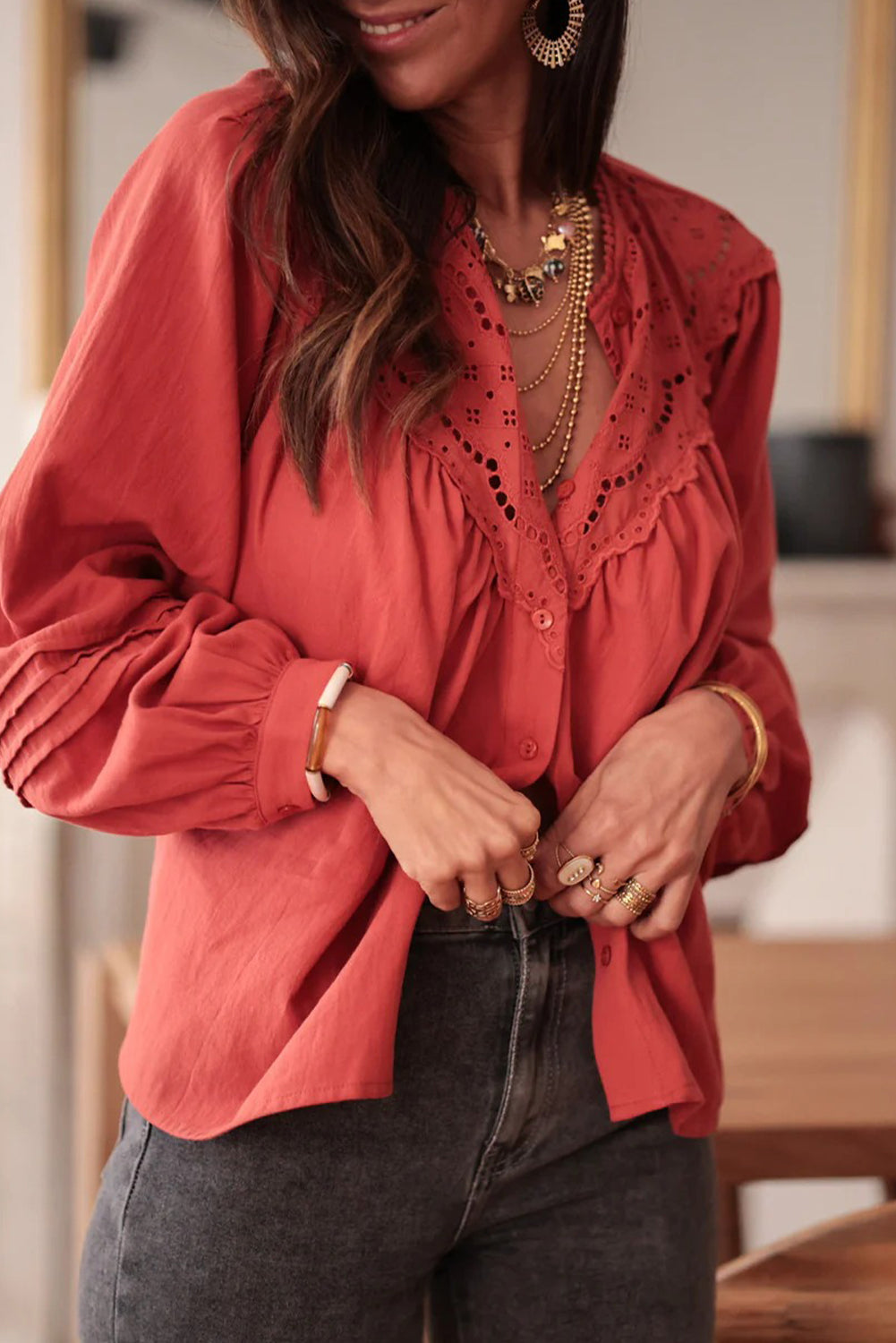 Tawny Eyelet Embroidered Patchwork Pintuck Long Sleeve Shirt