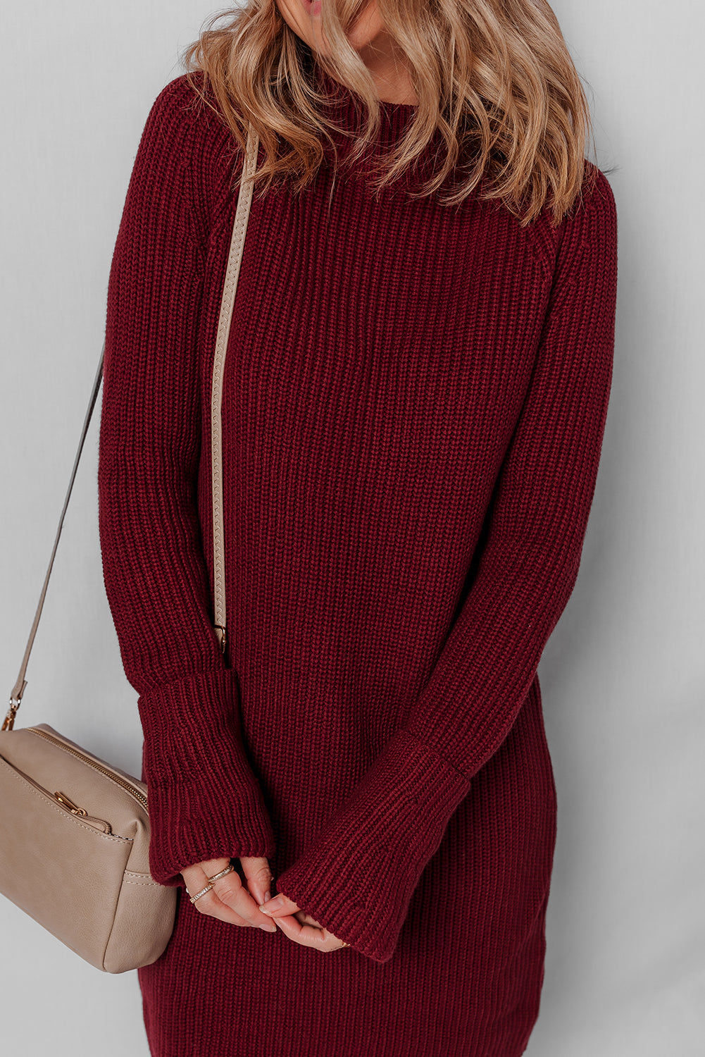 Burgundy Raglan Sleeve Ribbed Knit High Neck Bodycon Sweater Mini Dress