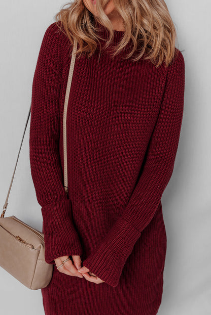 Burgundy Raglan Sleeve Ribbed Knit High Neck Bodycon Sweater Mini Dress