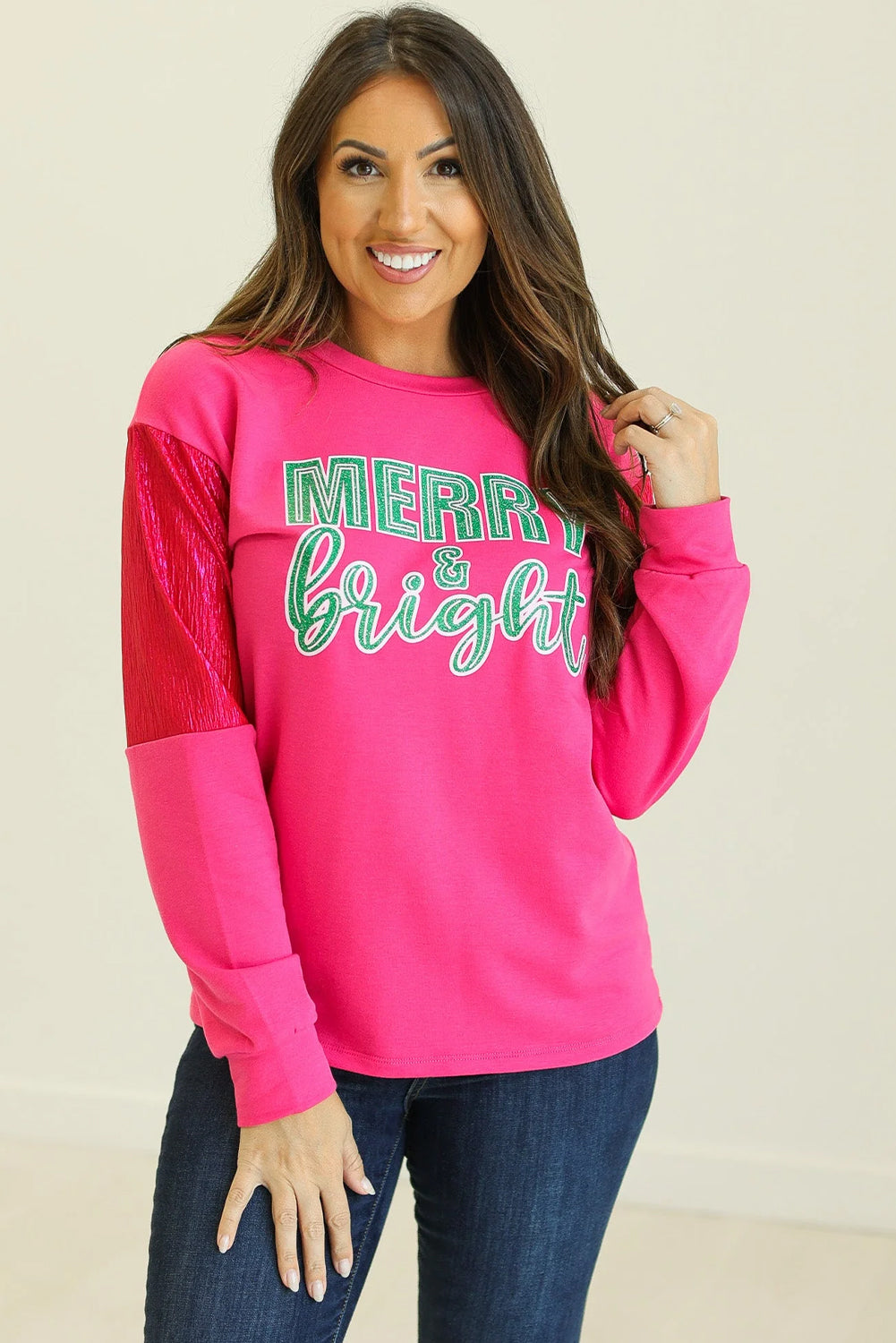 Rose Red MERRY & bright Sleek Sleeve Patchwork Casual Top