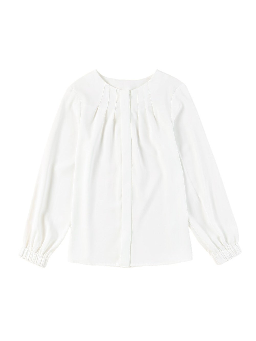 Graceful White Pleated Round Neck Shirt with Puff Sleeves