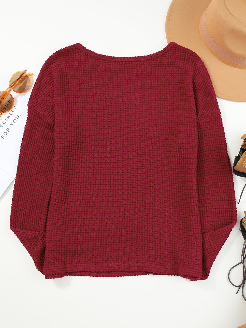 Fiery Red Waffle Knit Drop Sleeve Casual Top