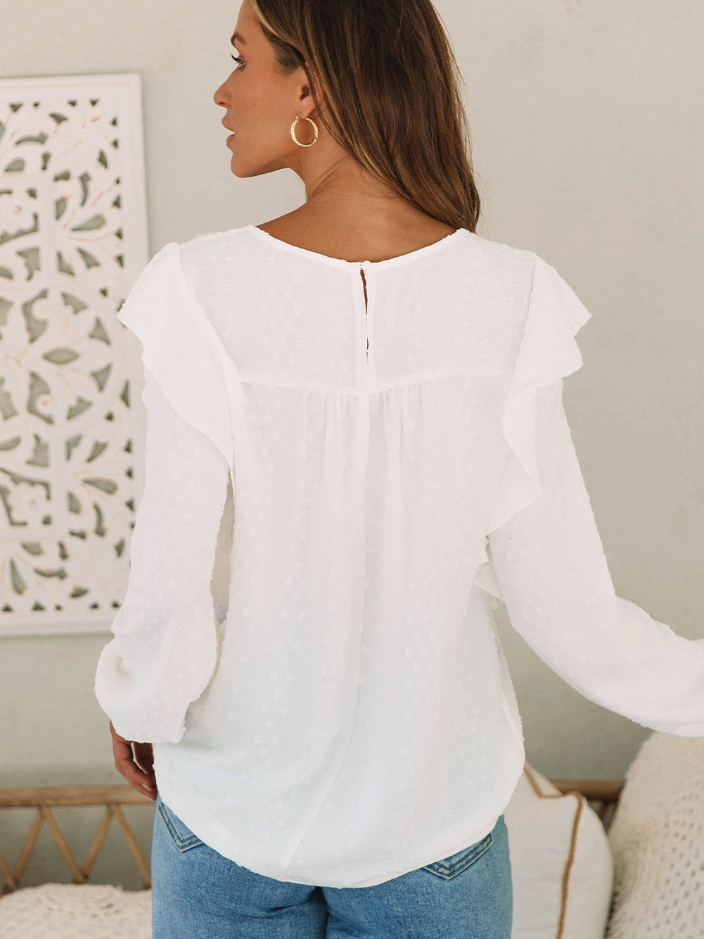 Elegant White Lace Eyelet Ruffle Sleeve Blouse
