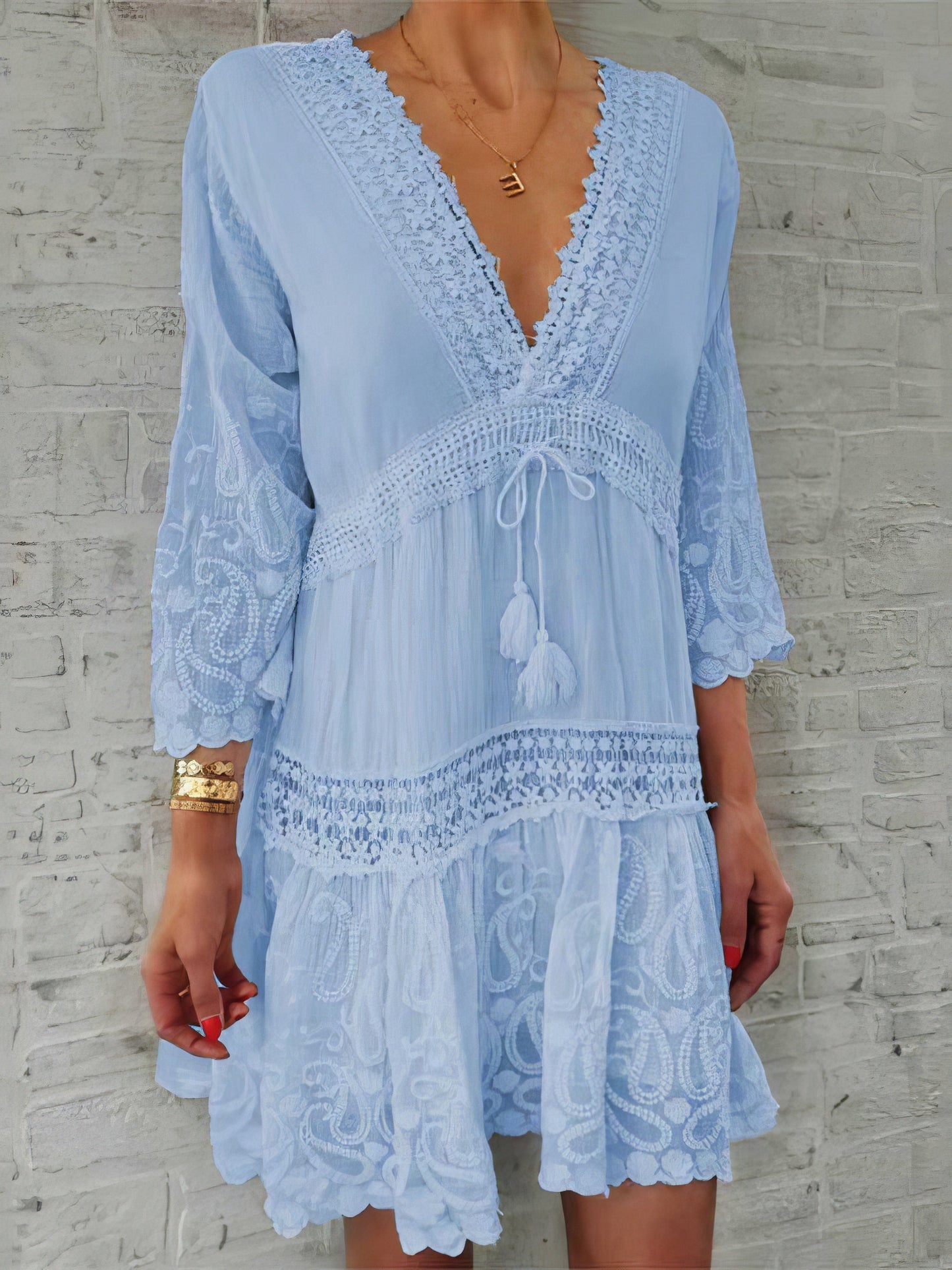 Chic V-neck Print Dress with 3/4 Sleeves and Hollow Design