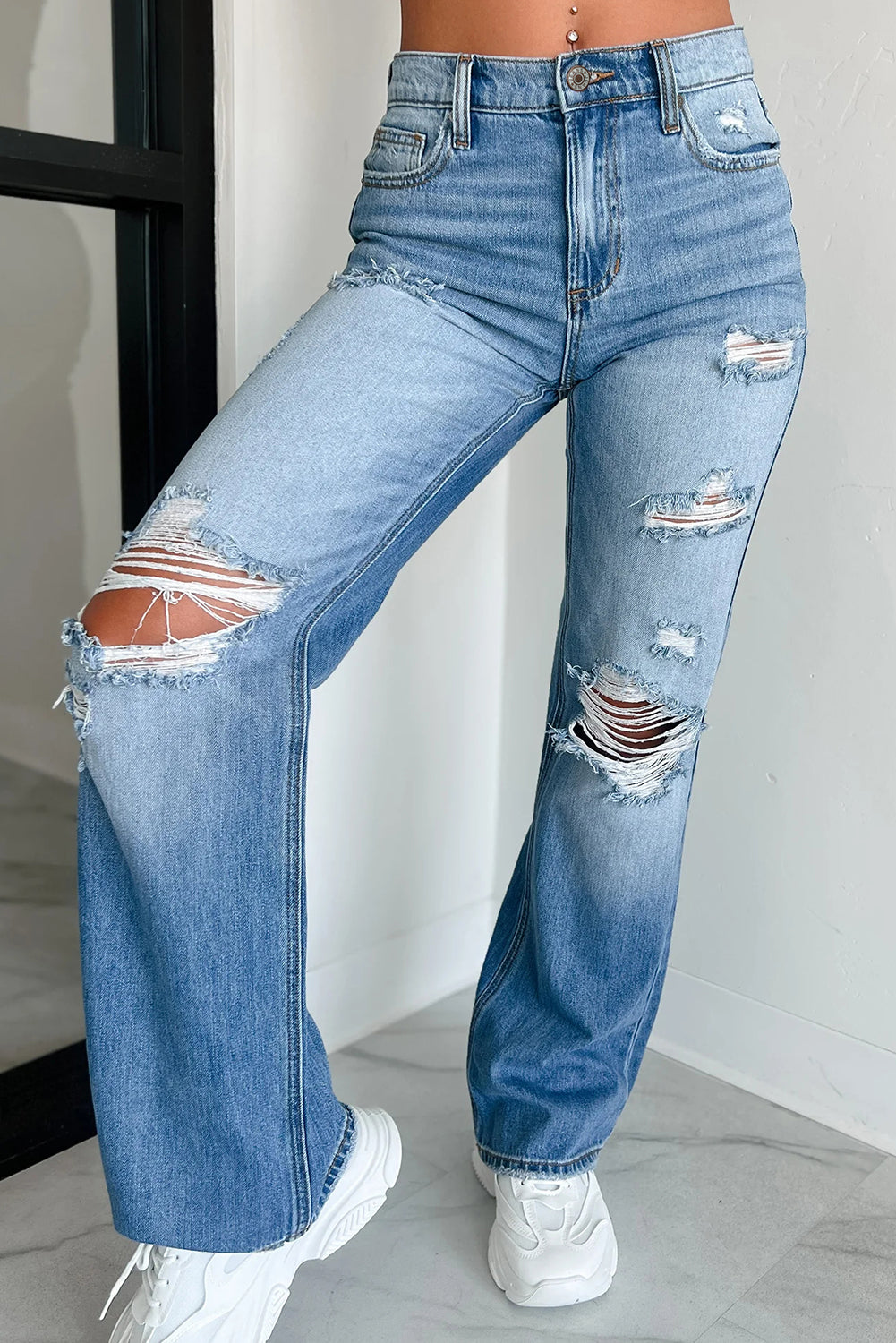 Myosotis Mid Rise Distressed Sneak Peek Straight Leg Jeans