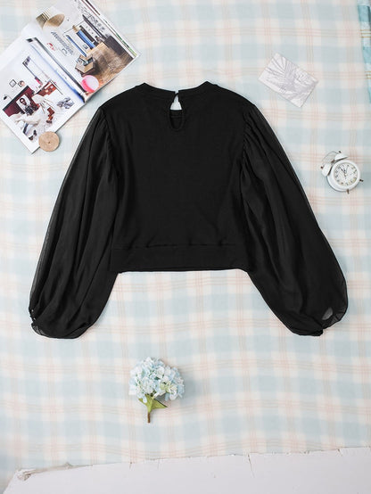Elegant Black Mesh Puff Sleeve Ribbed Top