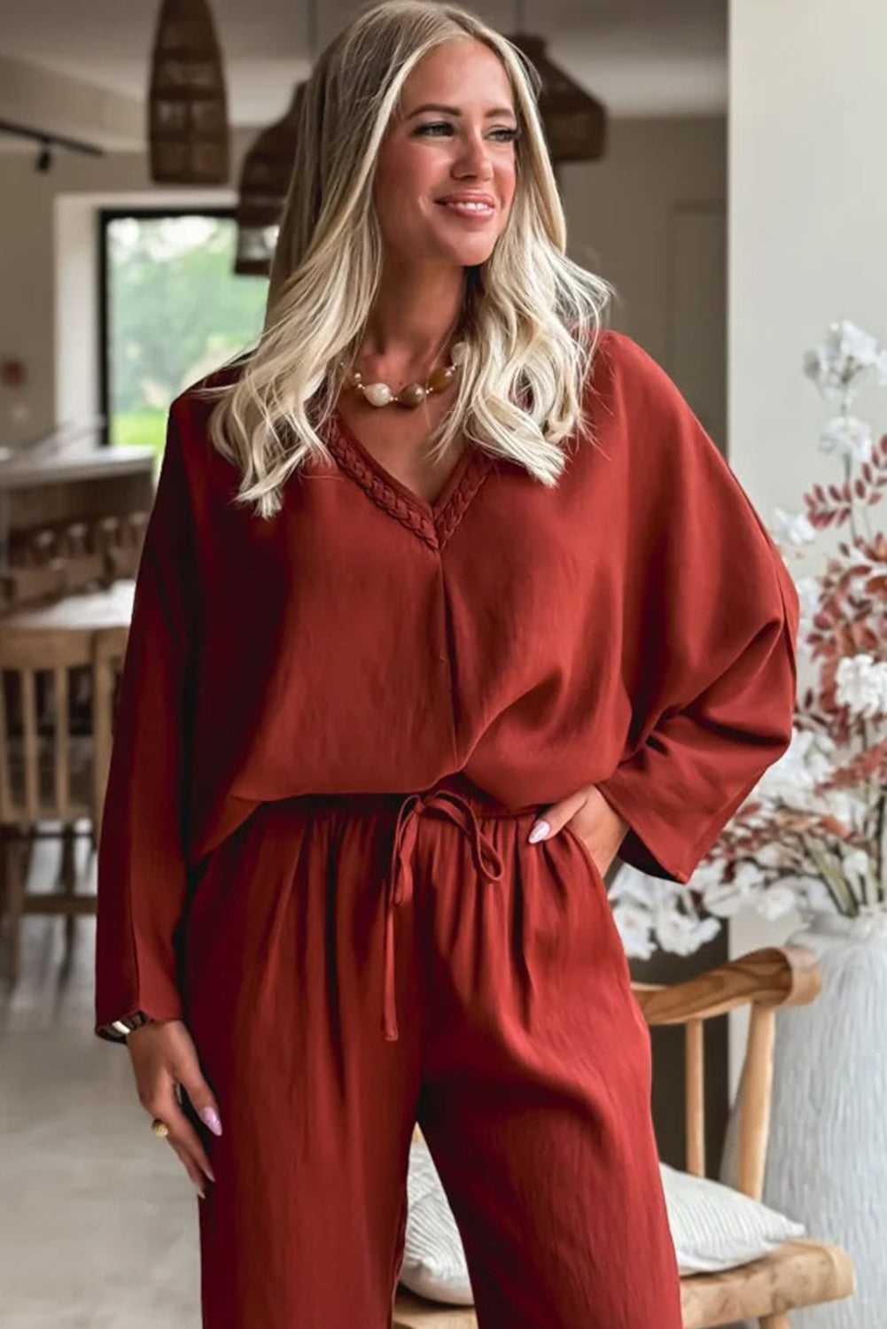 Red Clay Braided Trim V Neck Oversize Top Drawstring Pants Loose 2pcs Outfit
