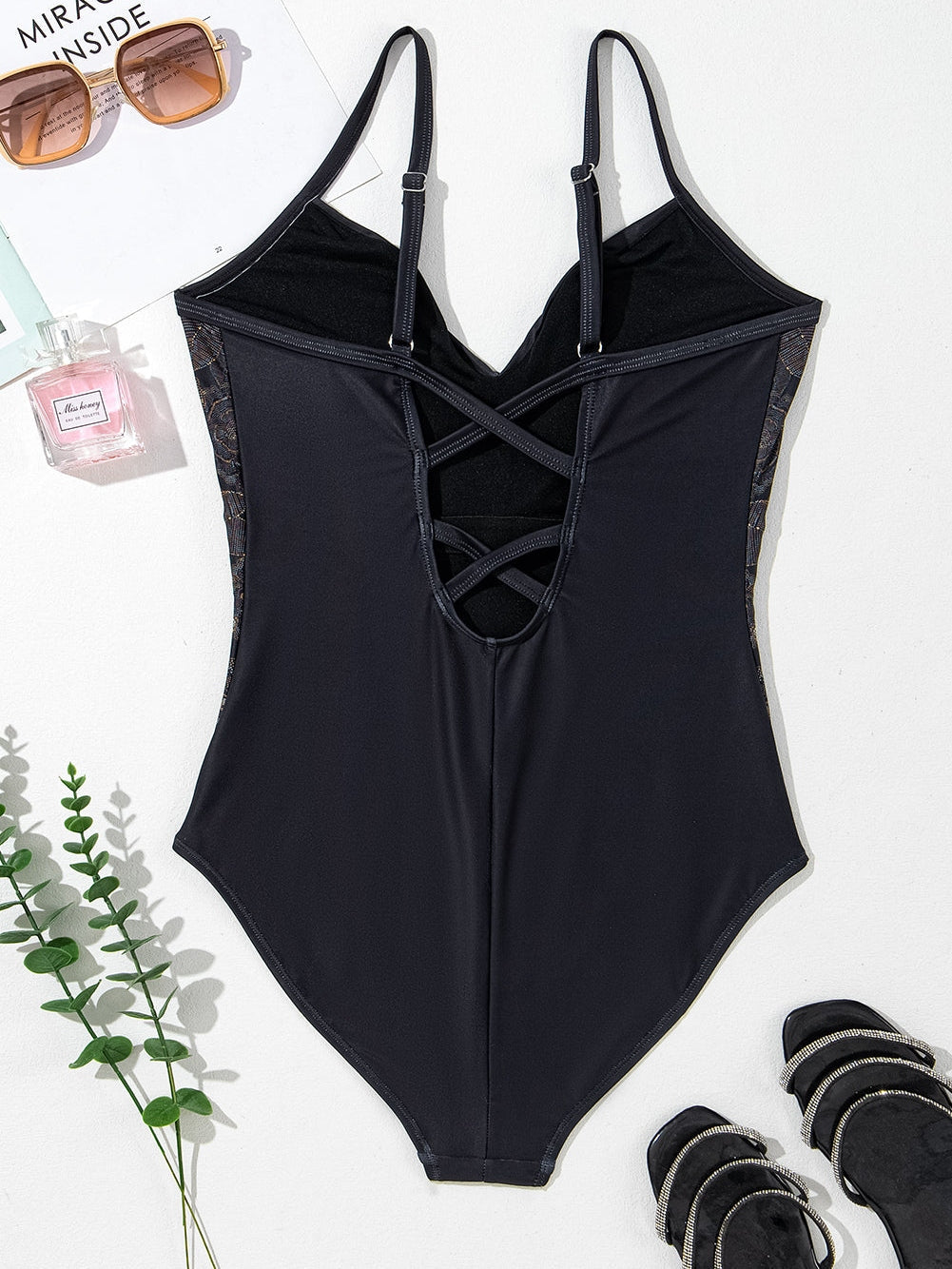Elegant Black Floral Crisscross Back One-Piece Swimsuit