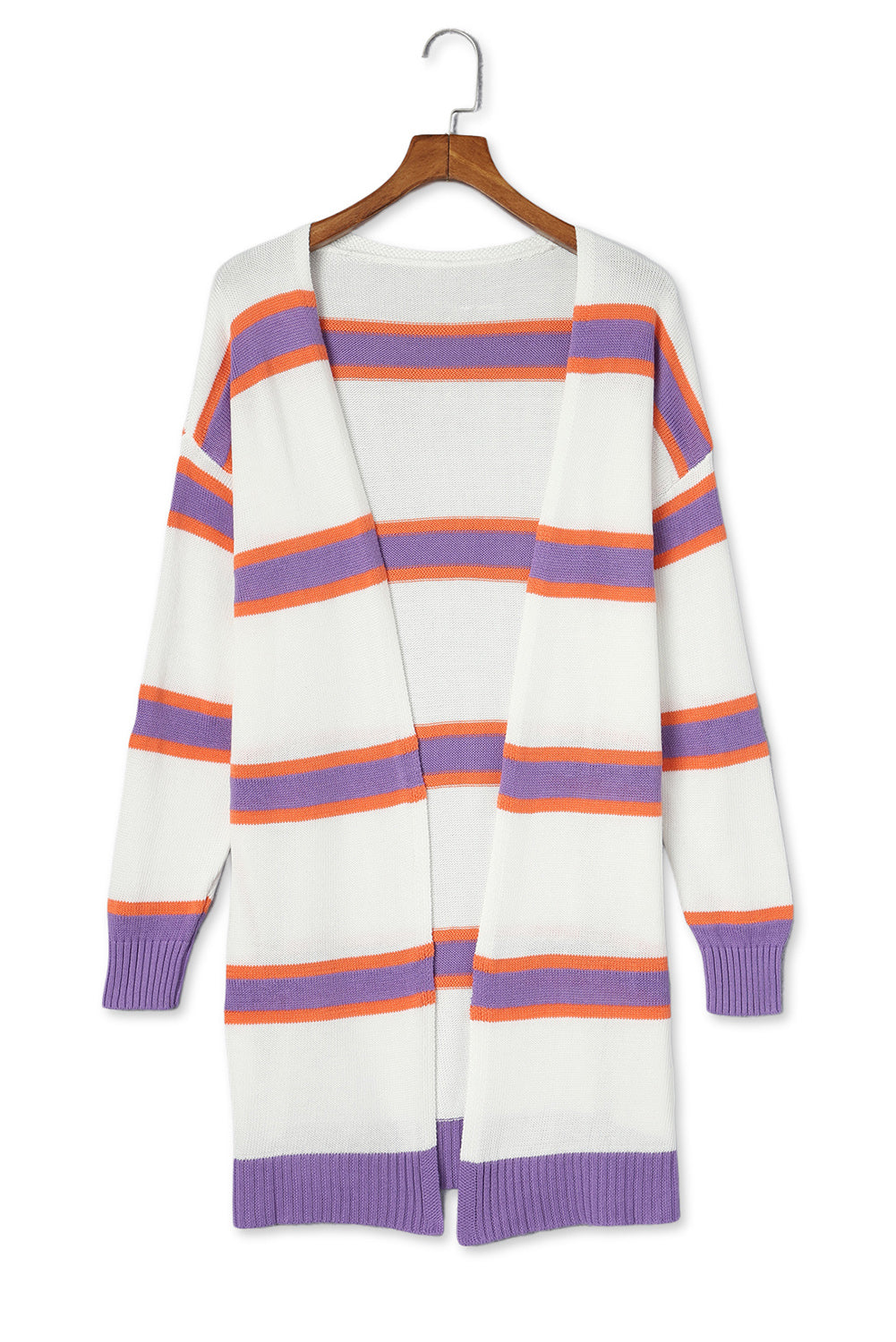 Beige Button-Up Striped Cardigan with Ribbed Trim and Long Sleeves