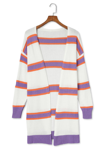 Beige Button-Up Striped Cardigan with Ribbed Trim and Long Sleeves