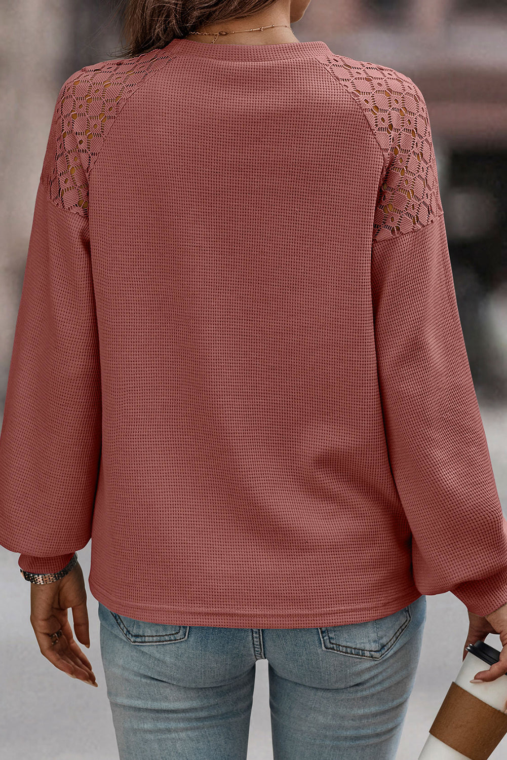 Rose Pink Lace Long Sleeve Textured Pullover