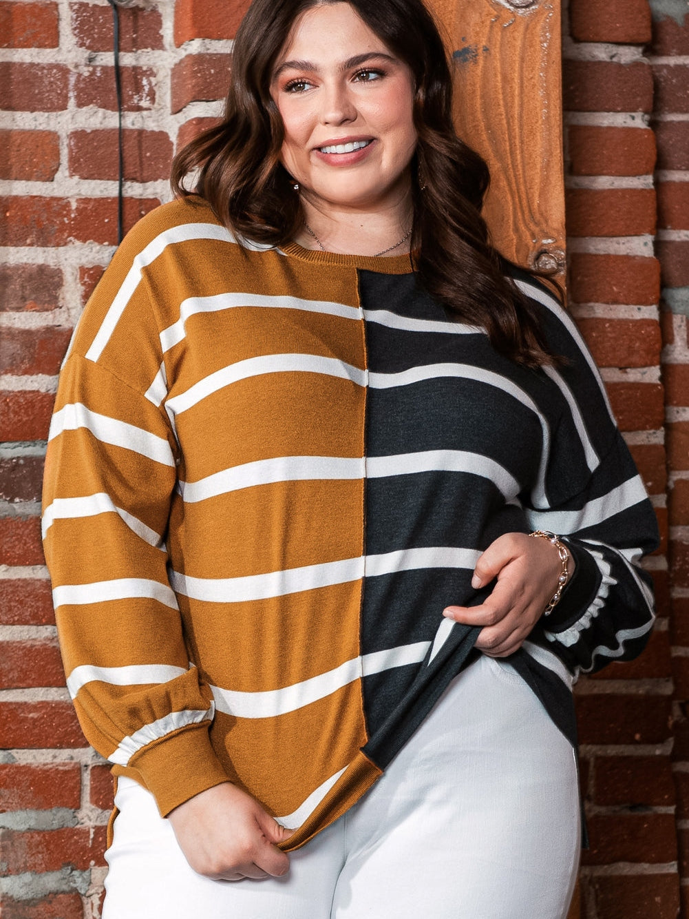 Plus Size Colorblock Striped Patchwork Loose Top