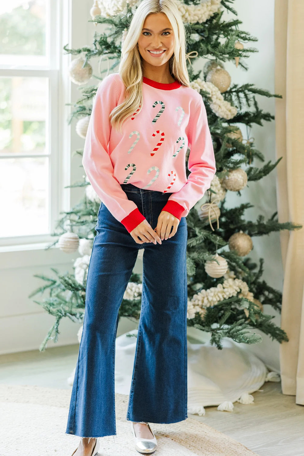 Gossamer Pink Color Block Trim Round Neck Candy Cane Embroidered Sweater