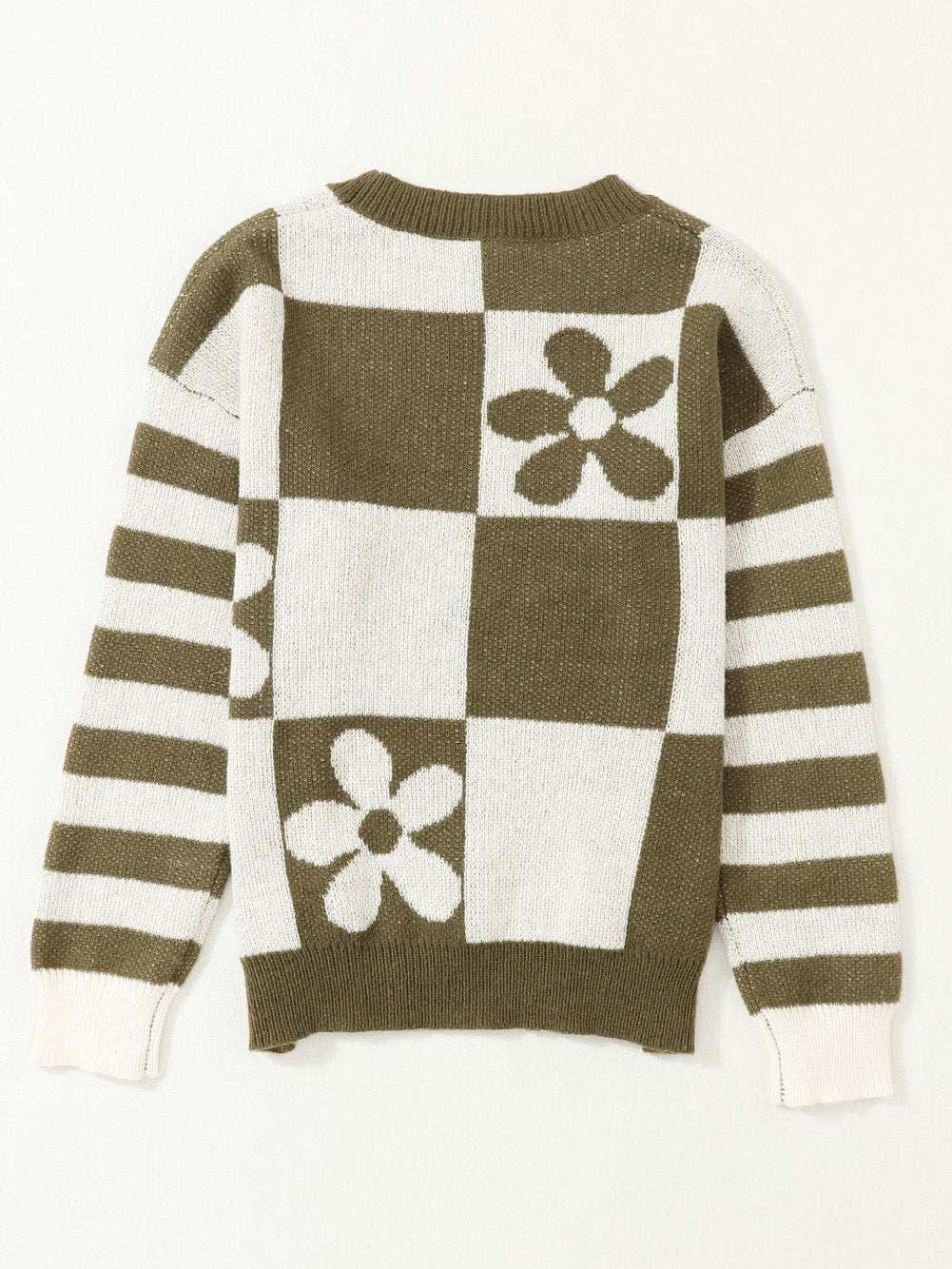Green Checkered Floral and Striped Sleeve Sweater with Round Neck