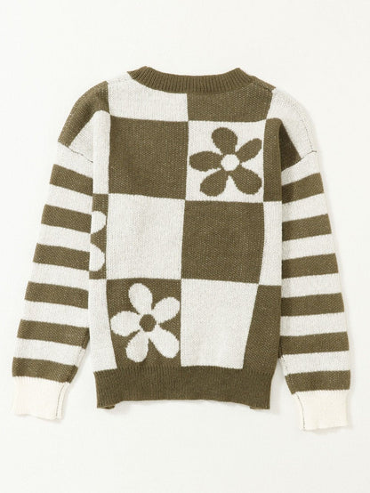 Green Checkered Floral and Striped Sleeve Sweater with Round Neck