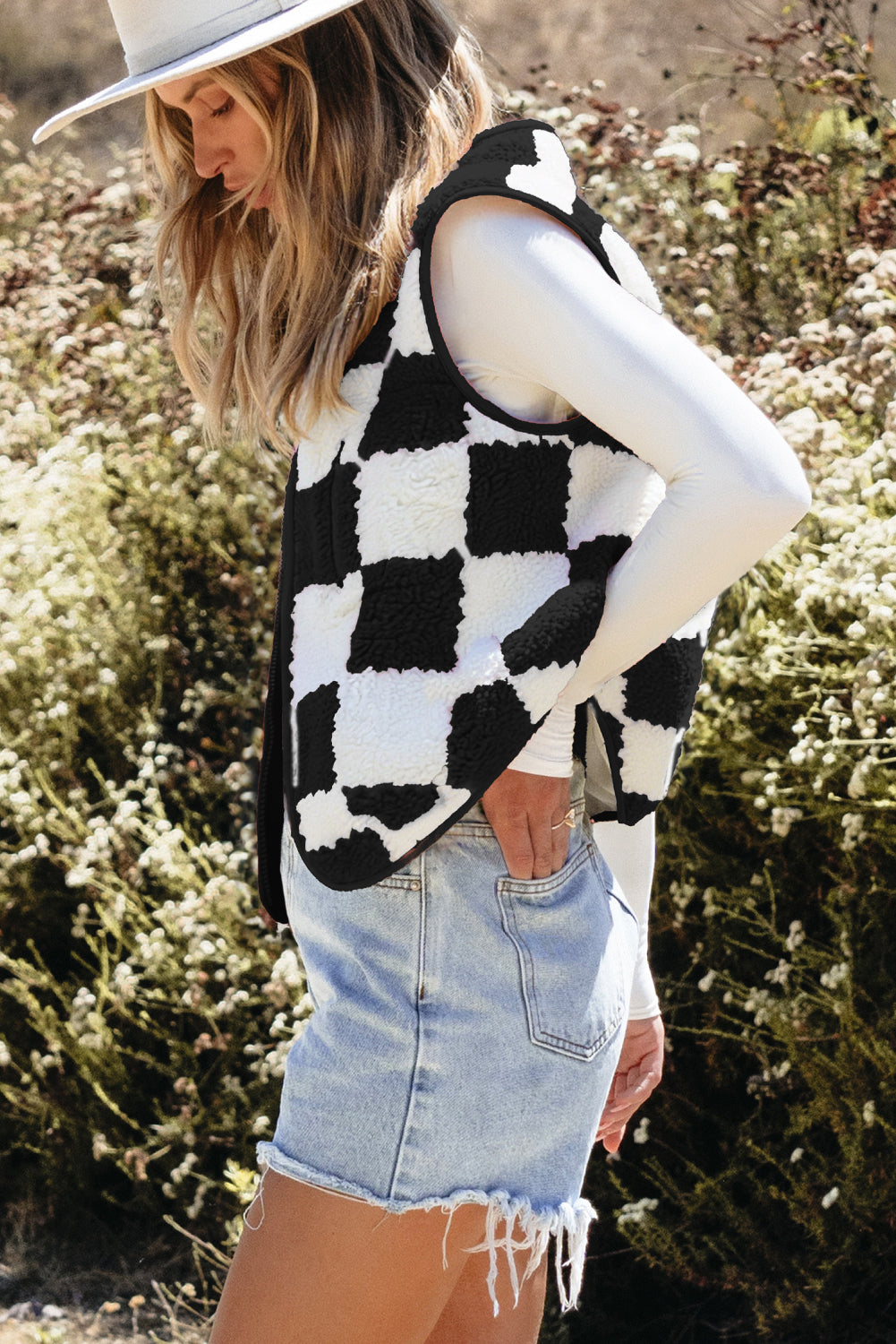 checkered sherpa vest