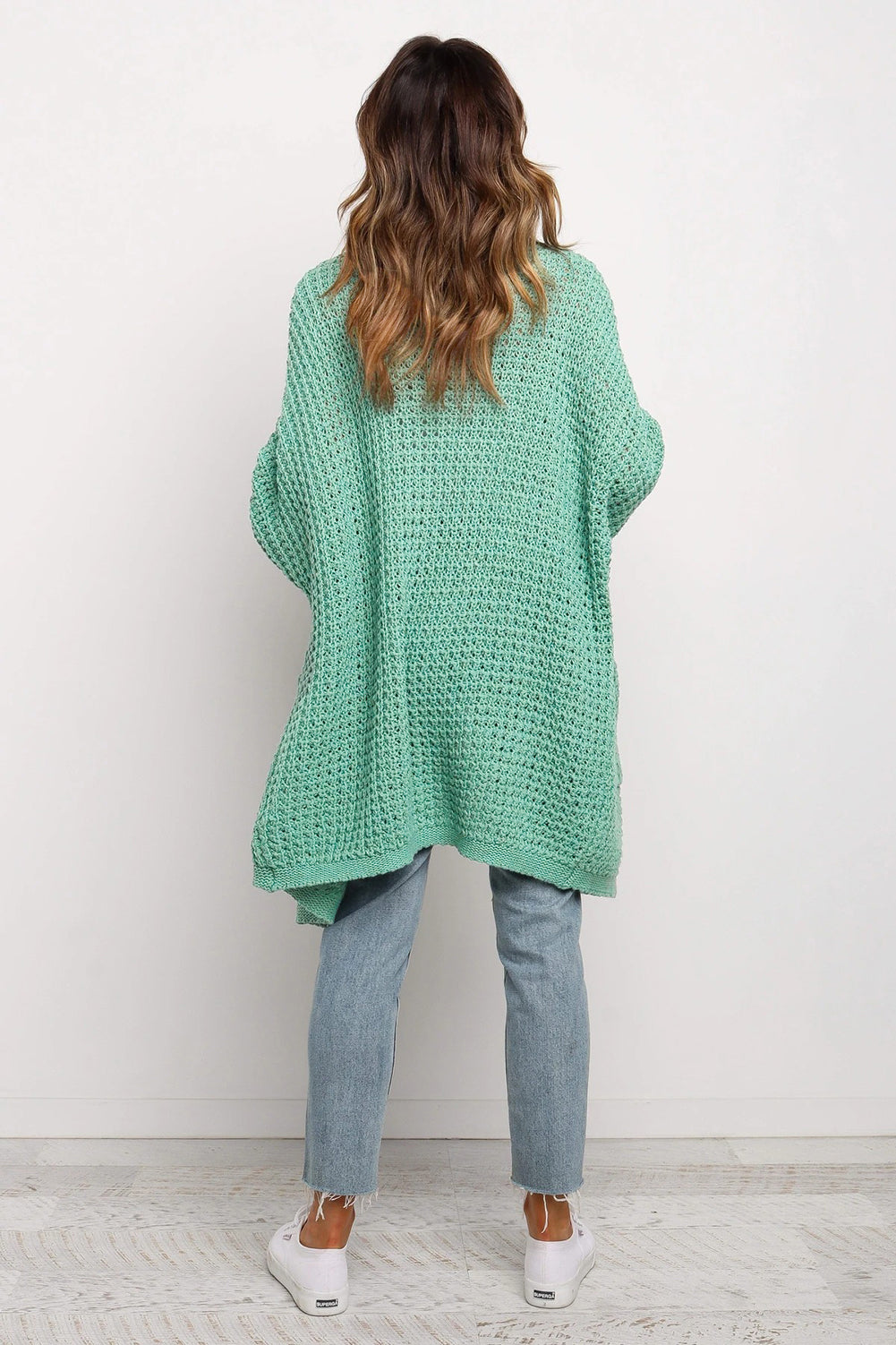 Green Long Line Open Front Knitted Cardigan with Pockets