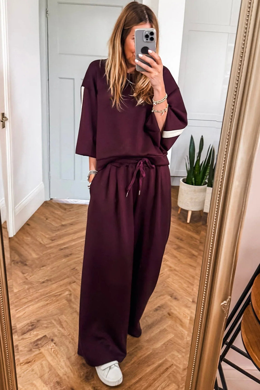 Burgundy Varsity Striped 3/4 Sleeve Pullover Drawstring Sweatpants Set