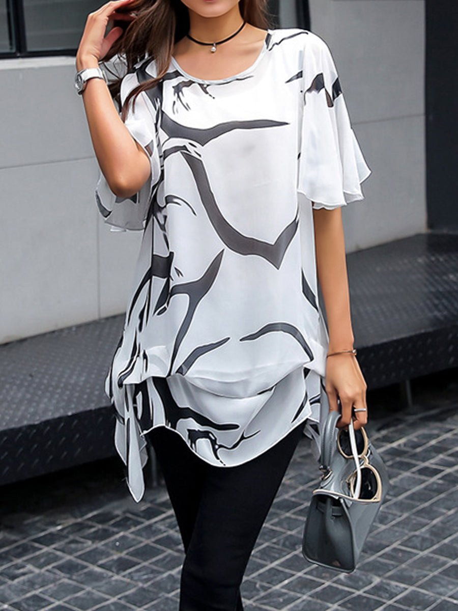 Plus Blouses - Size Curve Blouses Plus Size Printed Pattern Loose Chiffon Blouse - MsDressly