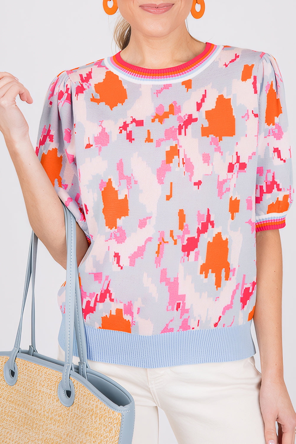 Light Blue Abstract Pattern Knit Contrast Striped Trim Short Sleeve Sweater