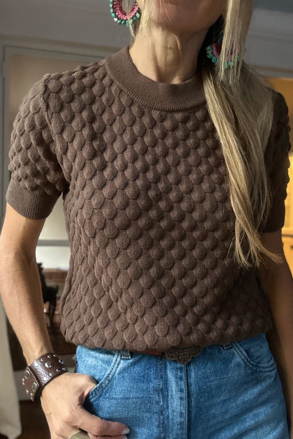 Dark Brown Fish Scale Textured Knit Ribbed High Neck Short Sleeve Sweater