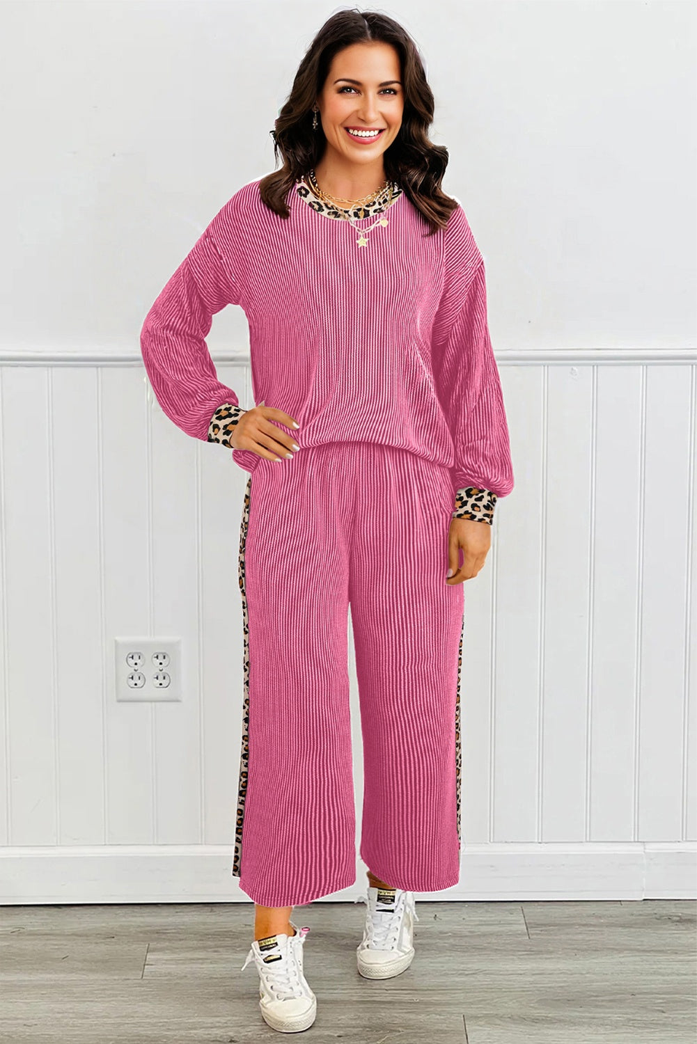 Bright Pink Twisted Rib Texture Leopard Patchwork Detail 2pcs Pant Set