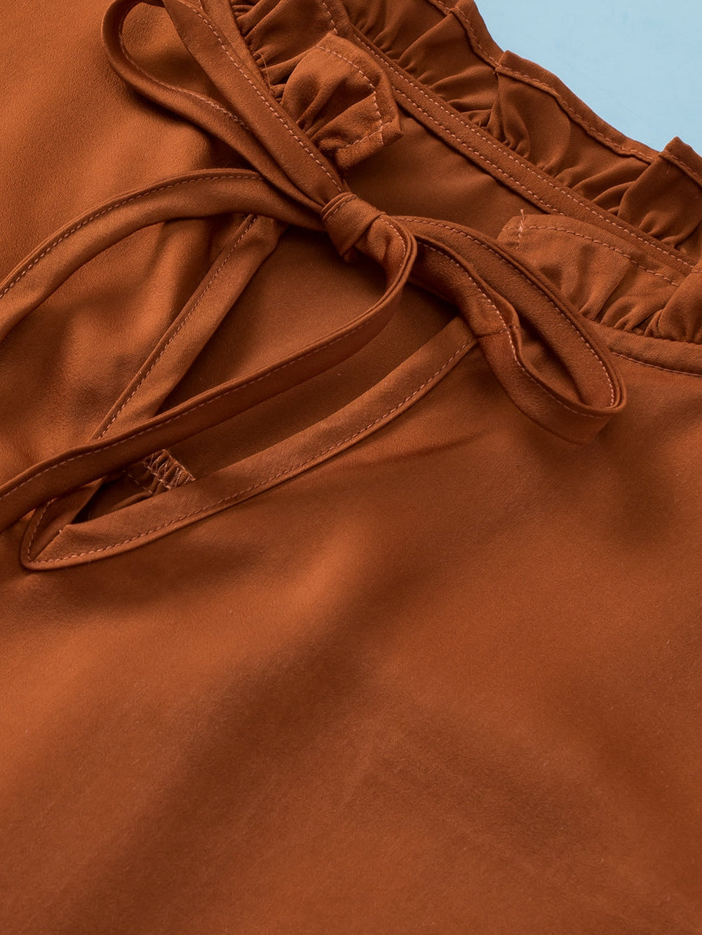 Chestnut Frilled Split Neck Plus Size Satin Blouse