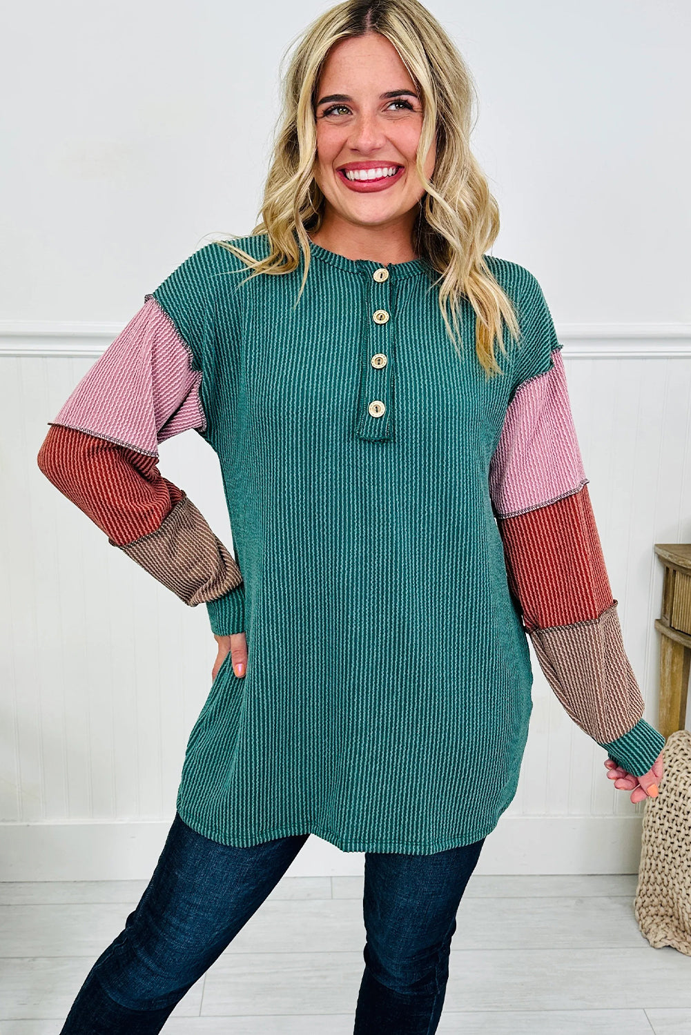 Lapis Twisted Ribbed Exposed Seam Color Block Patchwork Long Sleeve Henley Top