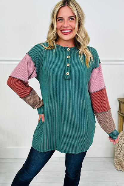 Lapis Twisted Ribbed Exposed Seam Color Block Patchwork Long Sleeve Henley Top