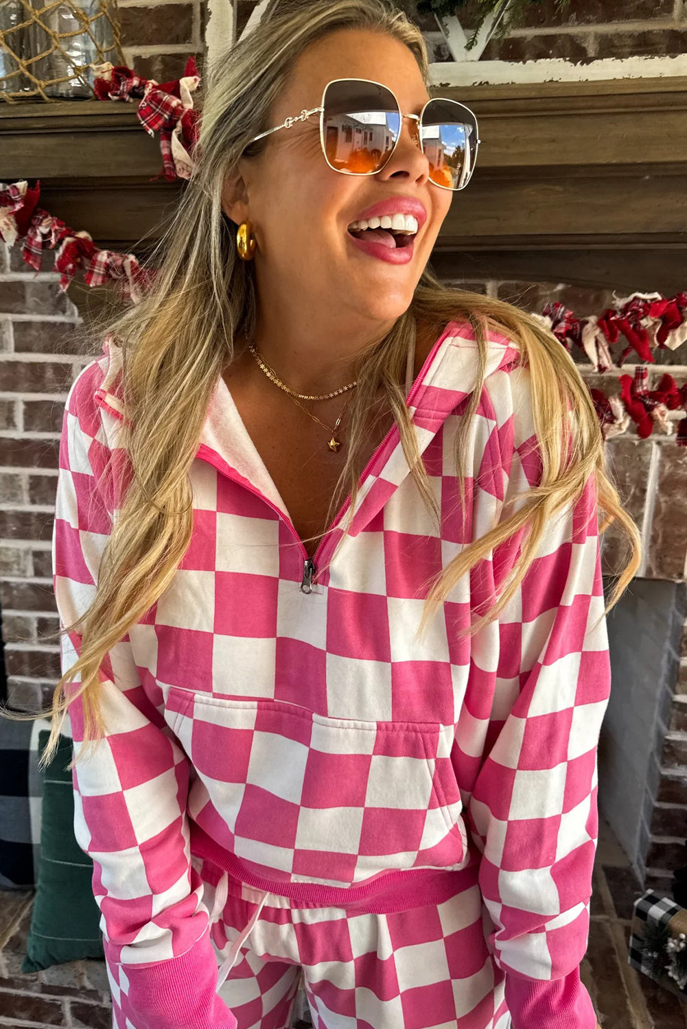 Red Checkered Print Half Zip Hoodie