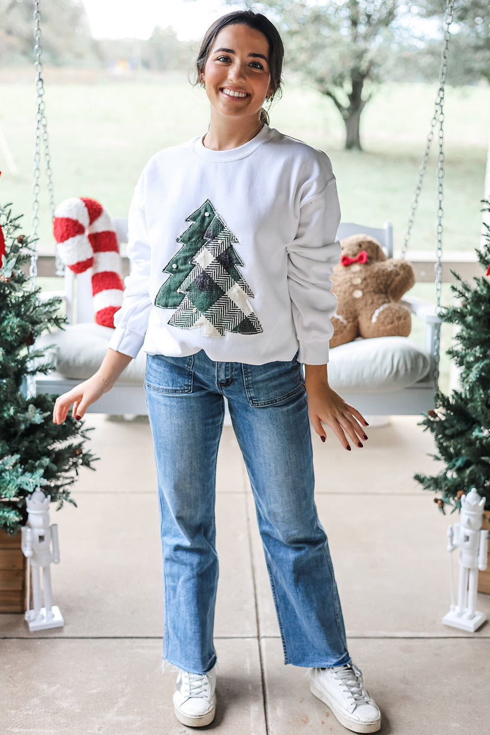White Pearl Detail Christmas Trees Exposed Seam Patched Sweatshirt