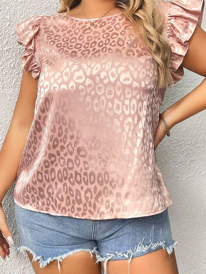 Pink Plus Size Leopard Print Ruffled Flutter Sleeve Satin Blouse
