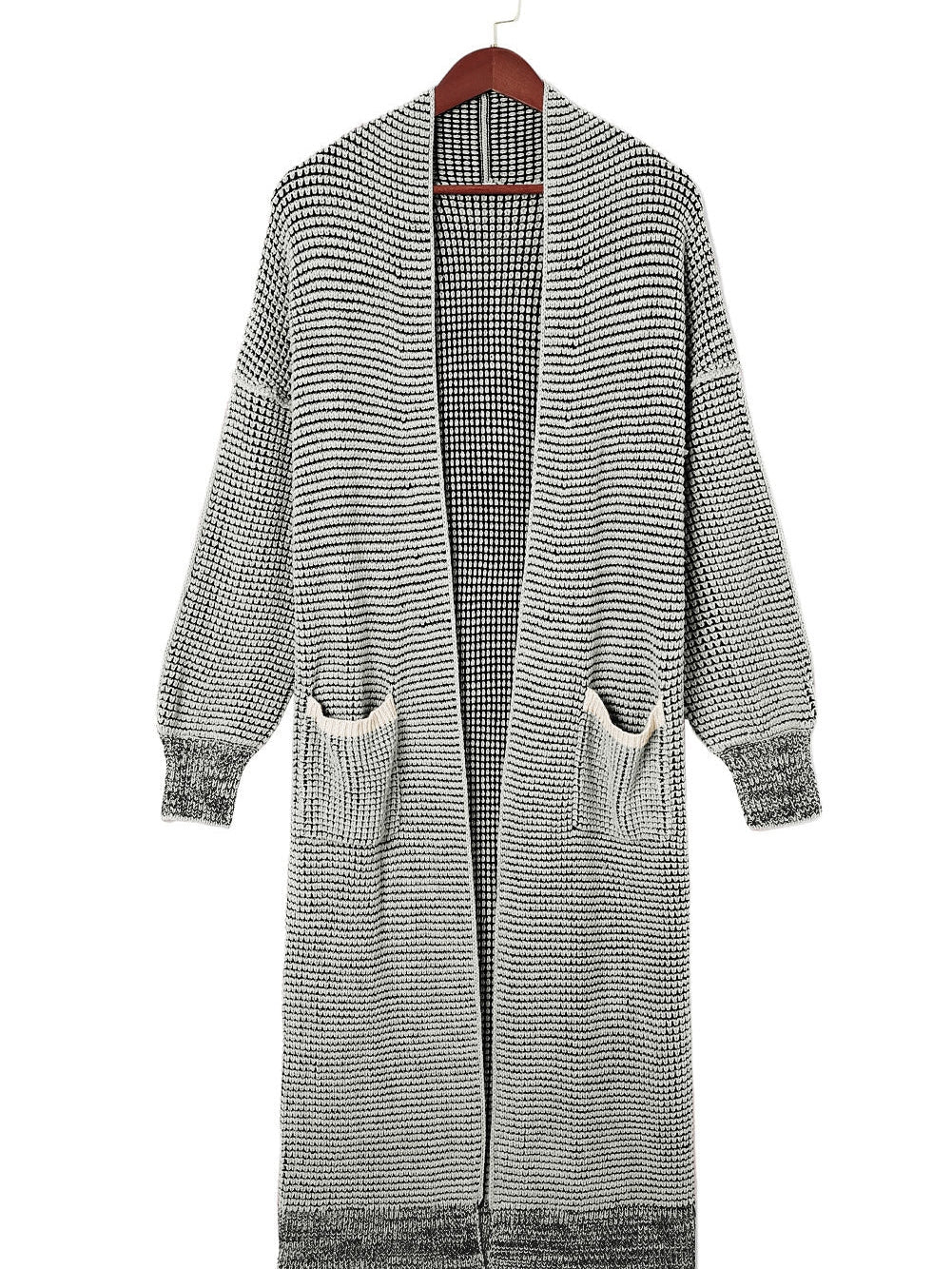 Gray Knit Textured Longline Cardigan with Pockets