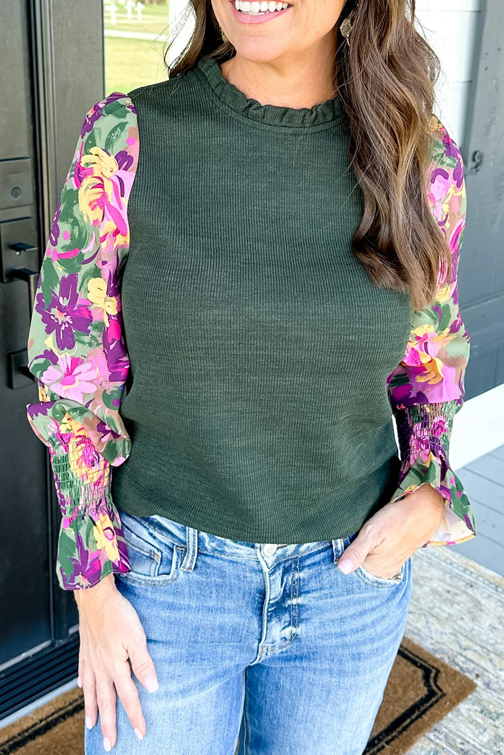Green Floral Ribbed Frill Neck Long Sleeve Top with a Misty Twist