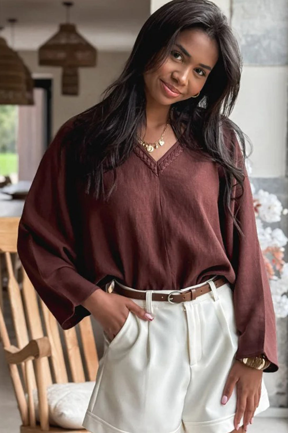 Red Sandalwood Braided Trim V Neck Oversize Top Drawstring Pants Loose 2pcs Outfit