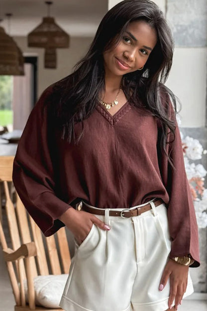 Red Sandalwood Braided Trim V Neck Oversize Top Drawstring Pants Loose 2pcs Outfit