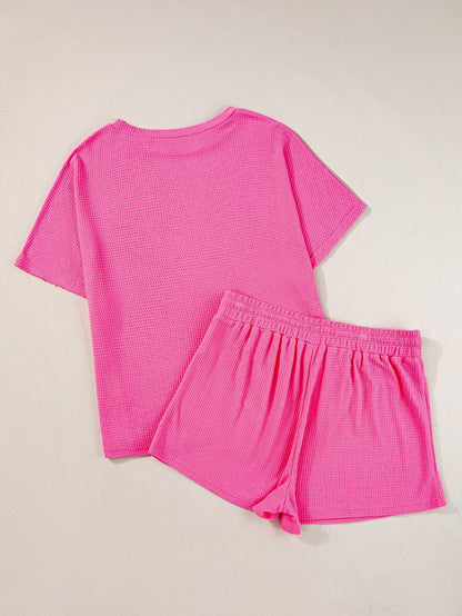 Rose Red Solid Waffle Knit Plus Size Two Piece Set