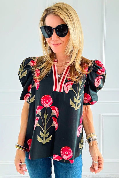 Black Floral Print Short Puff Sleeve Contrasted Striped V Neck Blouse