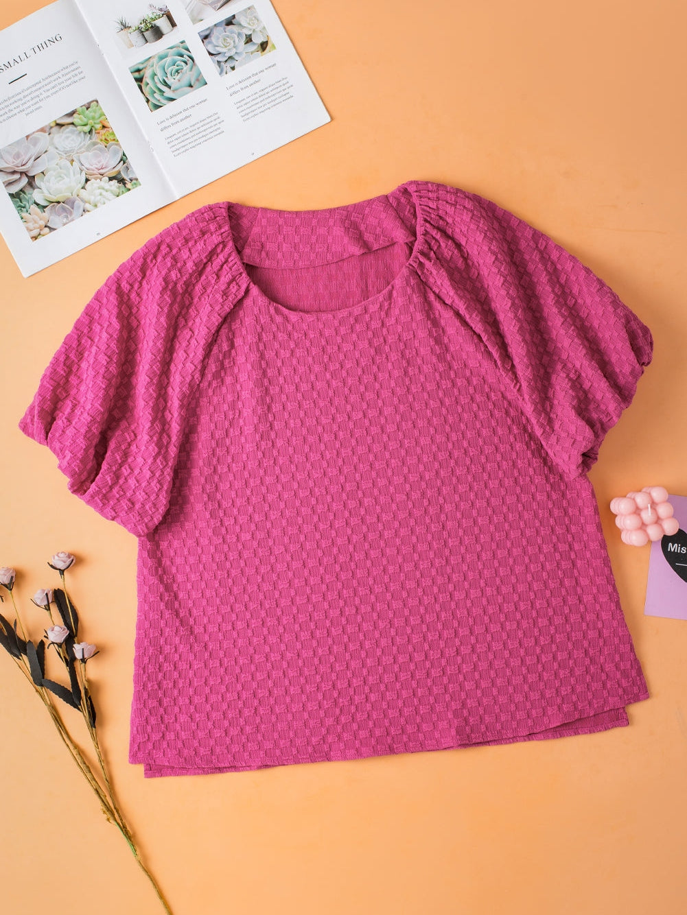 Coral Paradise Solid Textured Bubble Sleeve Plus Size Blouse