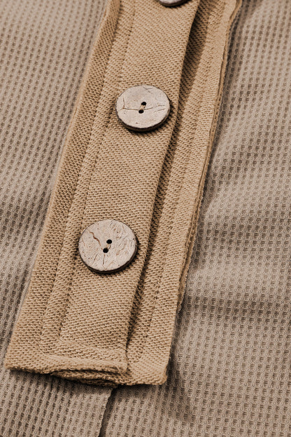 Brown Waffle Knit Buttoned Long Sleeve Top