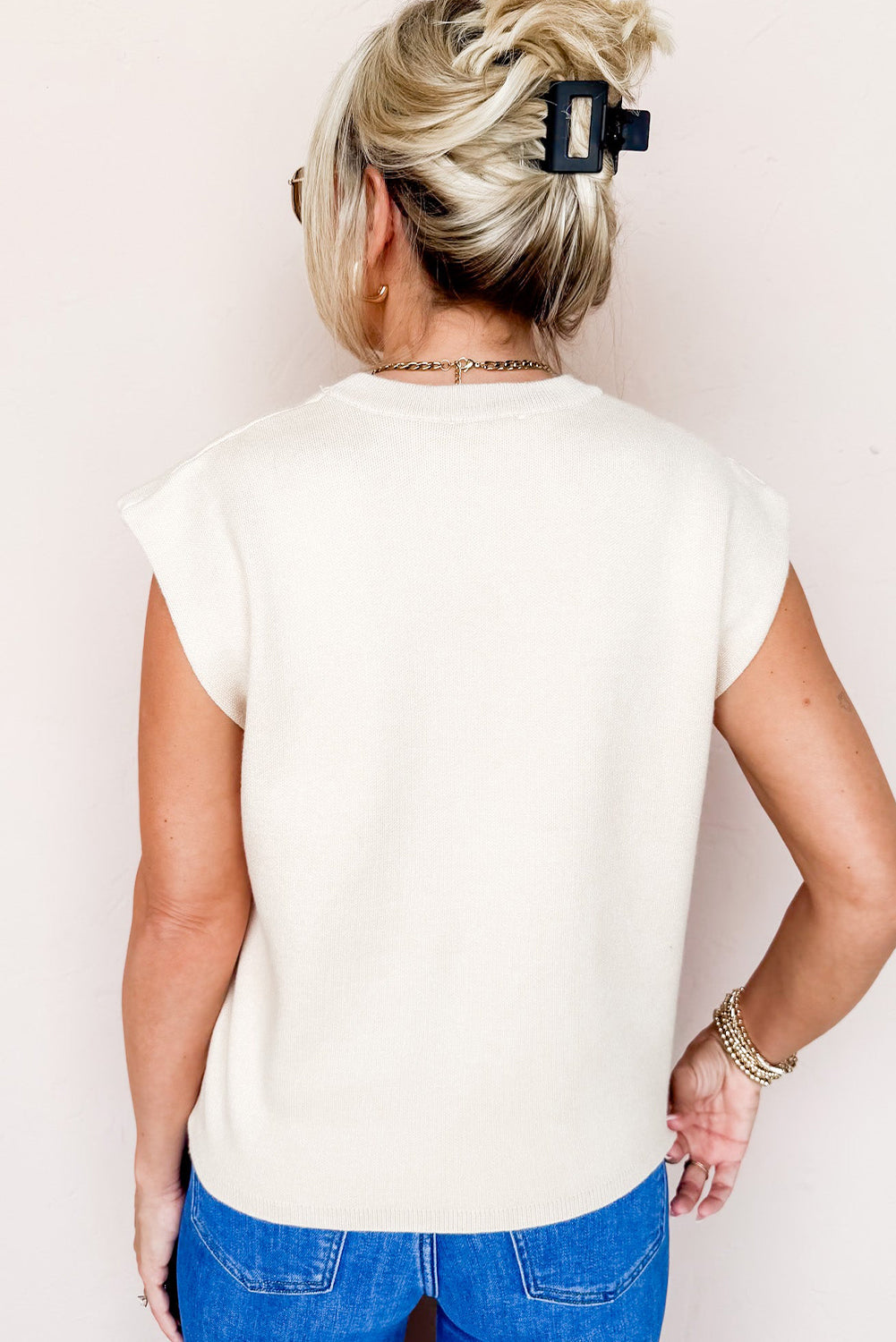 Beige Solid Color Knit Cap Sleeve Sweater