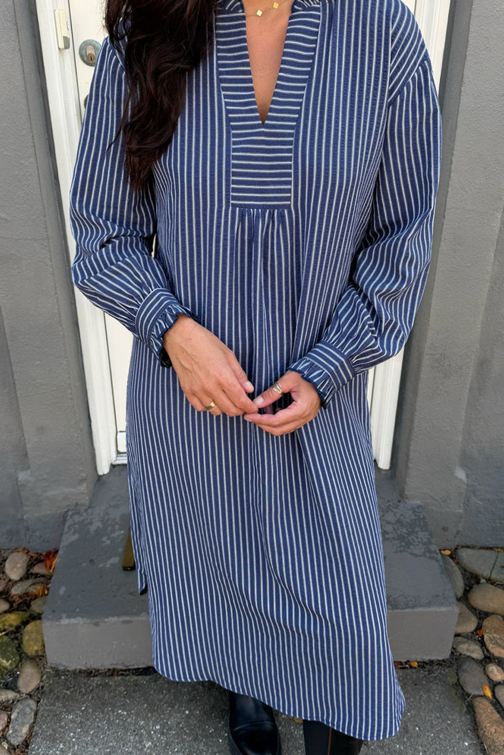 Blue Stripe Plus Size V Neck Side Slit Long Sleeve Shift Midi Dress