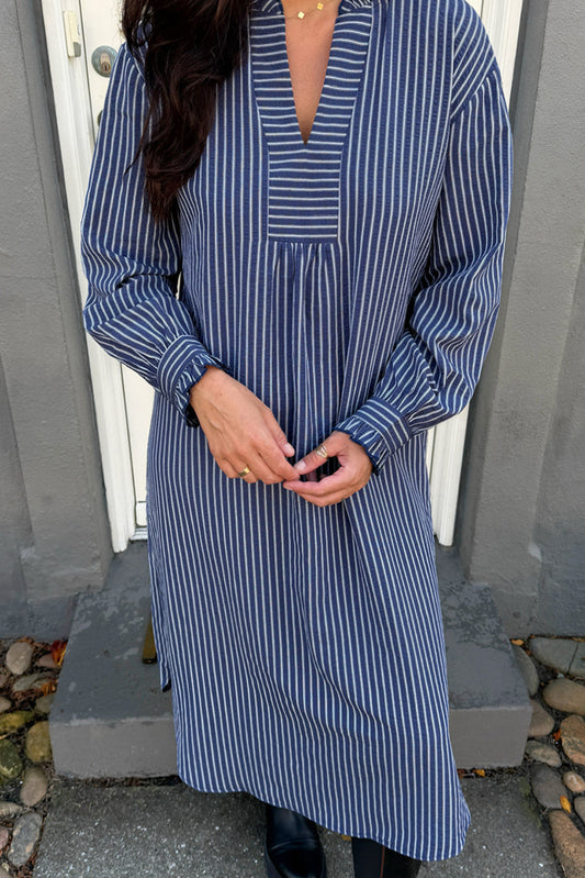 Blue Stripe Plus Size V Neck Side Slit Long Sleeve Shift Midi Dress
