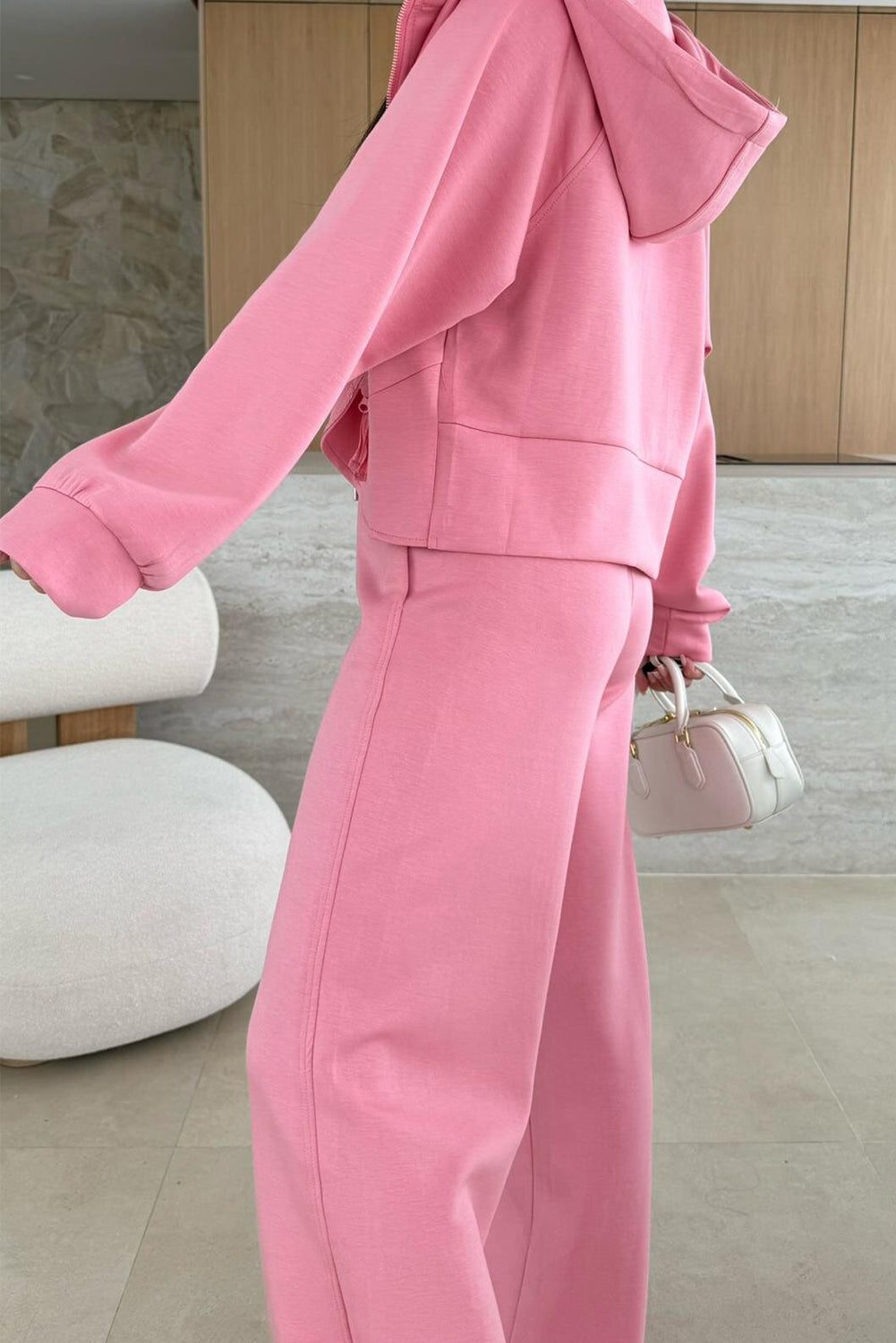 Pink Solid Color Zip Up Hoodie Drawstring Loose Pants Set