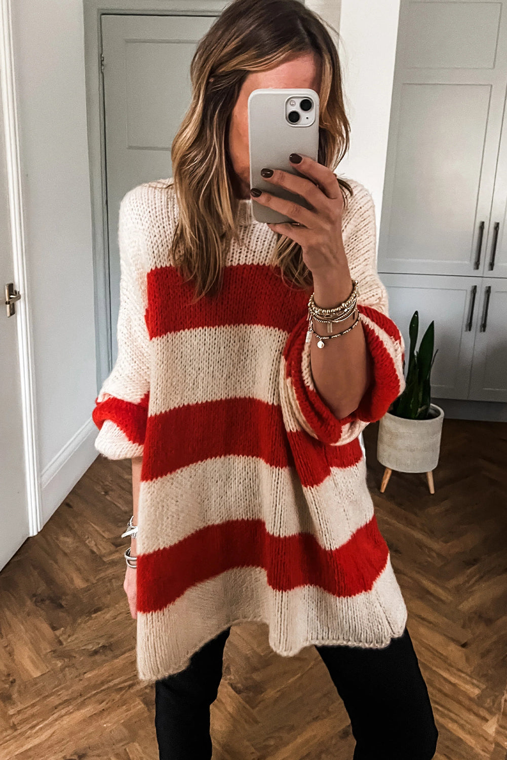 Red Stripe High Neck Oversized Knit Tunic Sweater