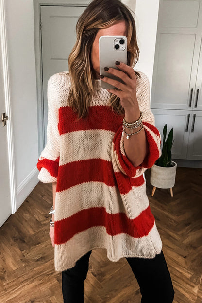 Red Stripe High Neck Oversized Knit Tunic Sweater