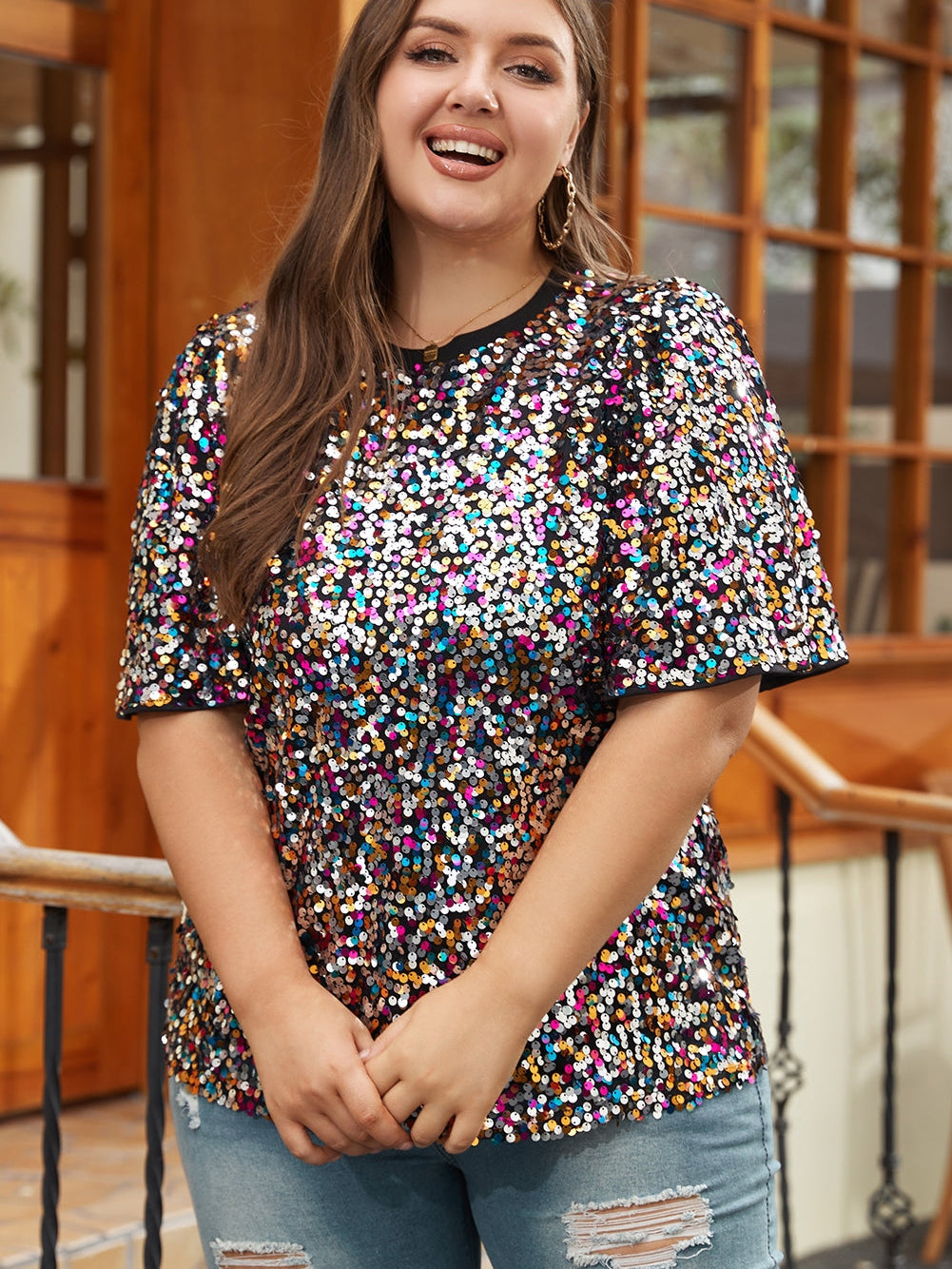 Vibrant Sequin Embellished Plus Size Party Top