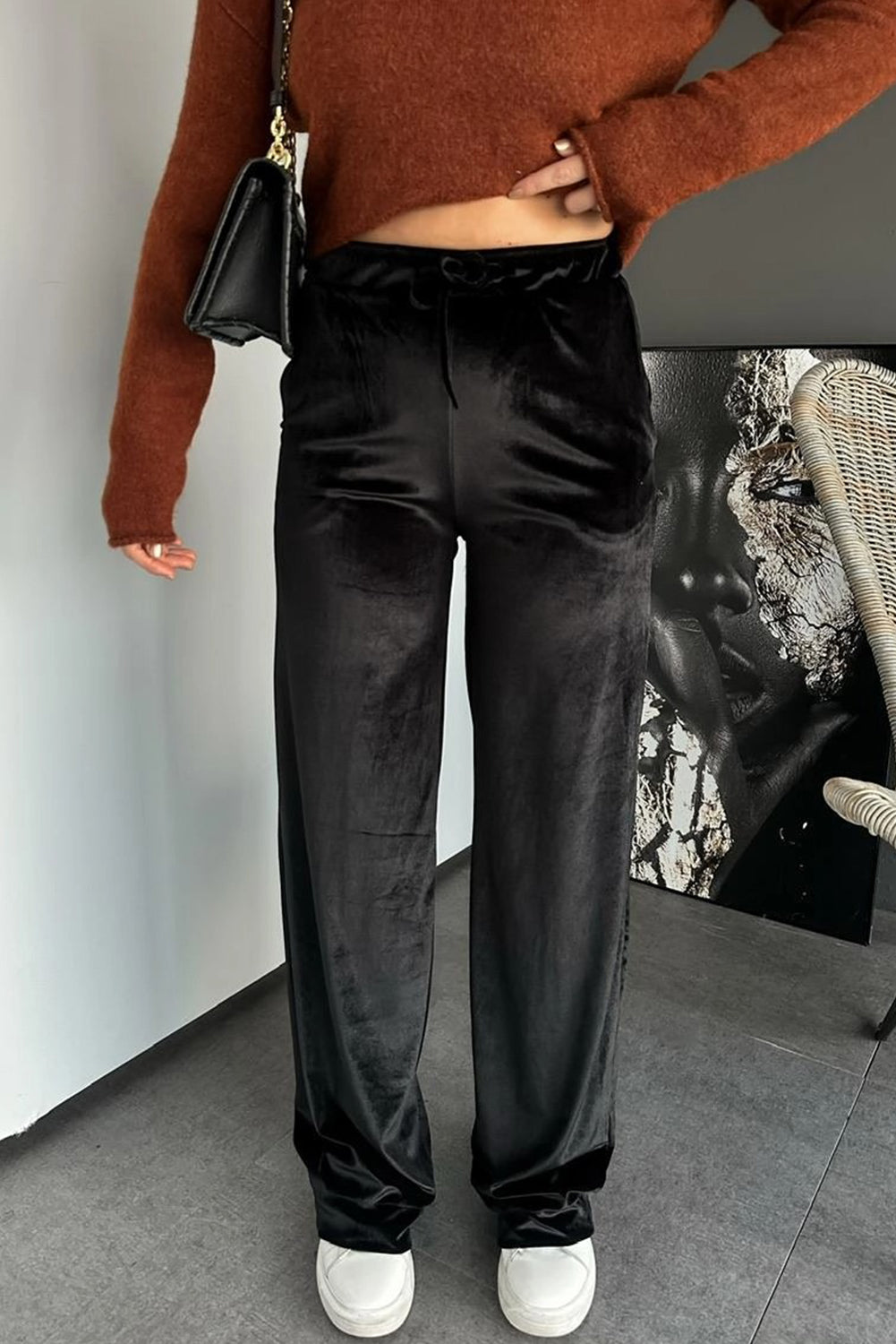 Black Shiny Velvet Drawstring High Waist Straight Leg Casual Pants