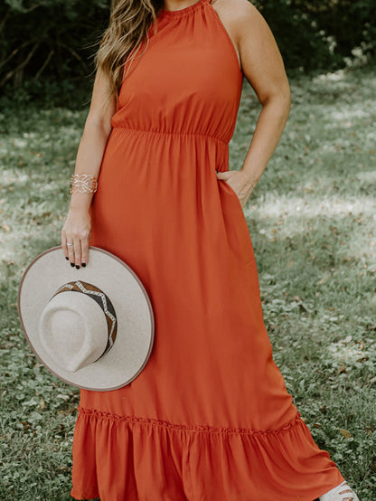 Russet Orange Plus Size Ruffled Hem Sleeveless Long Dress