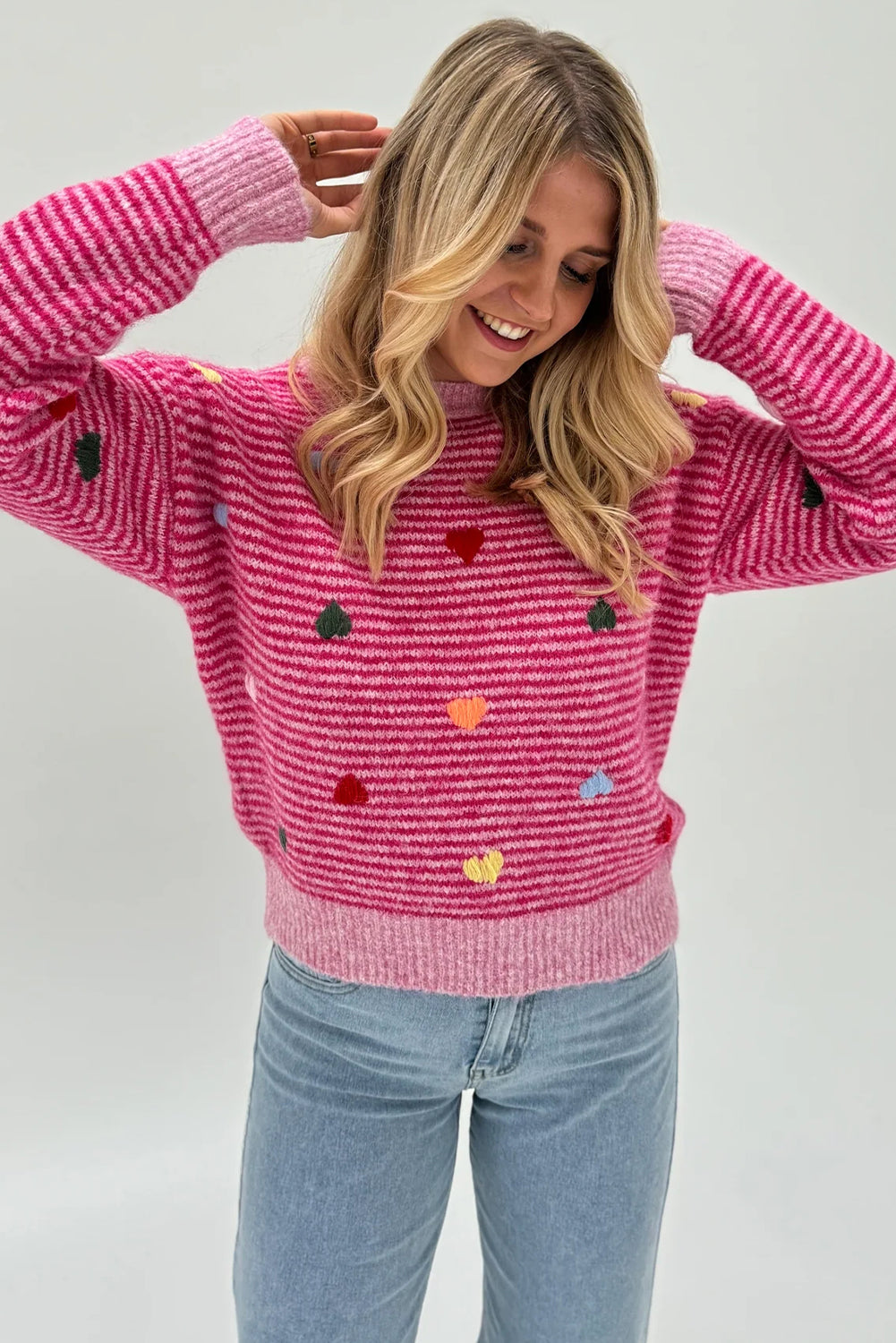 Rose Stripe Colorful Heart Detail Casual Sweater